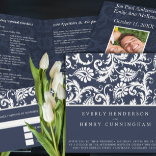 Peach Coral and Mushroom Damask Wedding Invitation Kaart