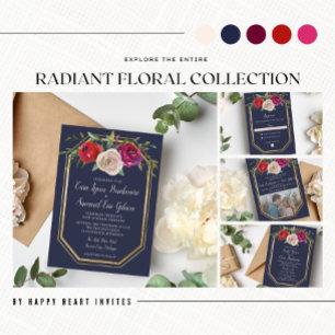 Radiant Floral Navy Blue Burgundy Foto Weddenschap Kaart