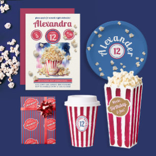 Moderne Blauwe Witte Rode Popcorn Bioscoop Jongens Papieren Bordje