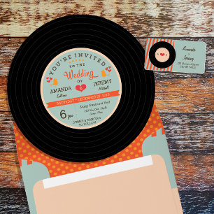 Frans Modern Retro Vinyl Record Coral Sky Wedding Kaart
