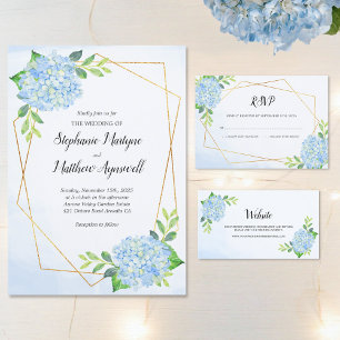 Modern Floral Geometric Blue Hydrangea Wedding Kaart