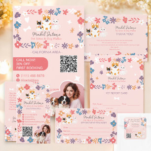 Whimsical bloemenhuisdier oppas hond walker busine bedankkaart