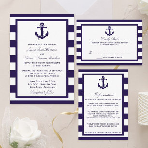Nautical Anchor Navy Stripe Wedding Real Folie Uitnodiging
