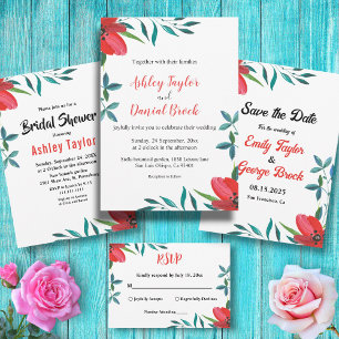 Romantic Red Rose Foliage Summer Floral Wedding Kaart
