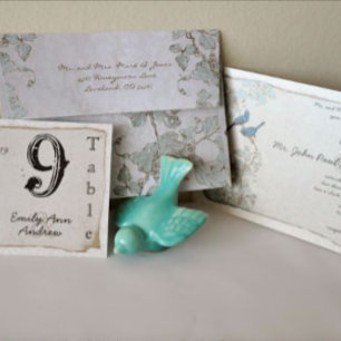 Cinnamon and Blue Love Bird Damask Wedding Invites Kaart