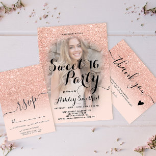 Roos gouden glitter elegant chic script Sweet 16 Kaart