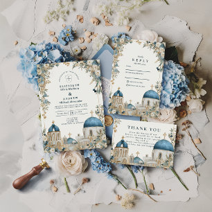 Santorini Blauwe Koepels Botanische Bruiloft RSVP Kaartje
