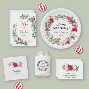 Red Rose Holly Winter 70e verjaardag Flat Bedankkaart