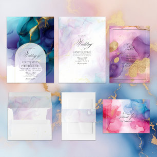 Roze en blauwe alcoholinkt met gouden accenten bedankkaart