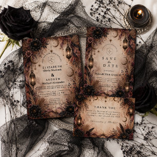 Elegante Boho Goth Huwelijk RSVP Kaartje