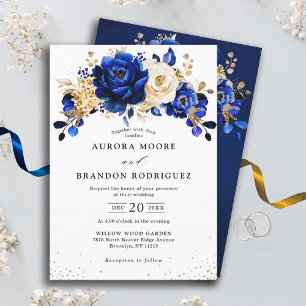 Royal Blue Yellow Gold Metallic Floral Wedding Kaart