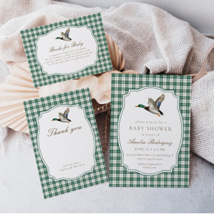 Moderne Mallard-eend Neutrale Gingham Baby Shower Informatiekaartje