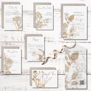 Neutrale Tan Wildbloemen Moderne QR-code All In One Uitnodiging