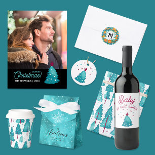 Eenvoudig Blauwgroen Rode Winter Pine Waterverf Pa Cadeaupapier