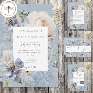 Rustiek Romantisch Dusty Blauw & Wit Bloemen Bruil Bedankkaart