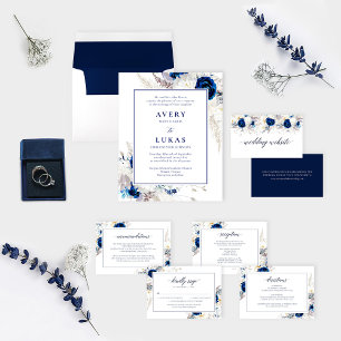 Elegante Blauw & Witte Bloemen bruiloft Kaart
