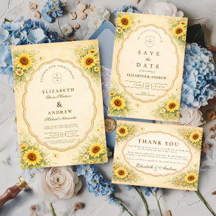 Tuinbruiloft in vintage zonnebloemstijl RSVP kaartje