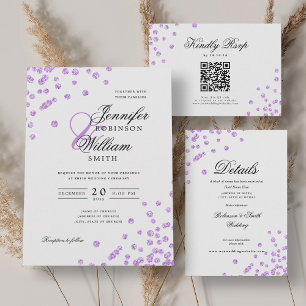 Elegant Script Wedding Paarse Confetti QR RSVP Kaart
