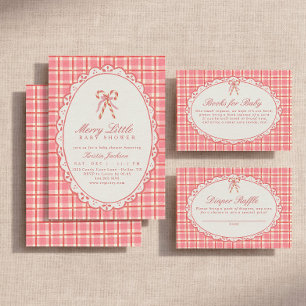Vrolijke Kleine Baby Shower Roze & Rode Suikerstok Informatiekaartje