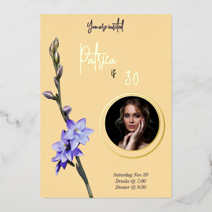 Boter Geel & Lila SunOrchid Foto Verjaardag Folie Uitnodiging