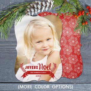 Elegant Joyeux Noel Rustic Snowflakes Foto Rood Feestdagenkaart