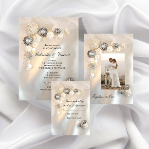 Faux White Pearl and Diamond Buttonnen Wedding Save The Date