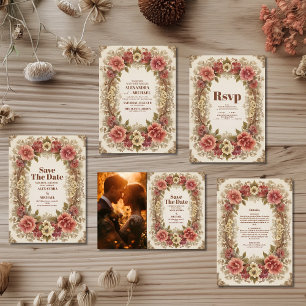 Royal Victoriaans Bloemen Ornamenten Bruiloft All In One Uitnodiging