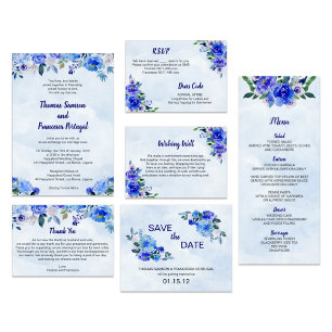 Royal Blue Waterverf Floral bruiloft uitnodiging