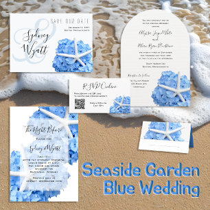 Seaside Garden Blue Hydrangea Wedding All In One Uitnodiging