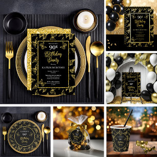 Elegant Butterflies 90th Birthday Party Black Gold Folie Uitnodiging