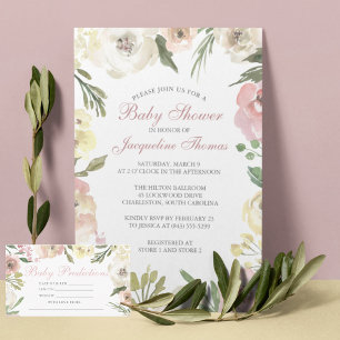 Elegant Blush Pink Ivory Floral Baby Girl Shower Kaart