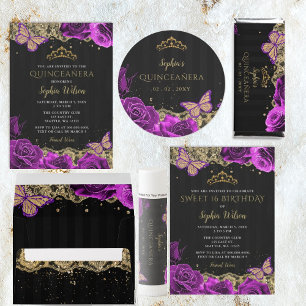  Paarse Rozen Black Gold Lace Quinceañera Servet
