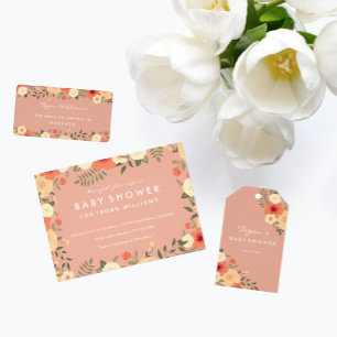 Modern Peach Floral Baby shower Invitation Kaart