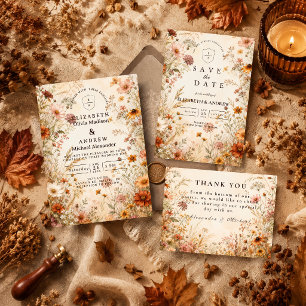 Romantische herfstbloemenen bruiloft save the date