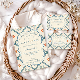 Vintage Turquoise Bloemen Diapper Lotterij Informatiekaartje