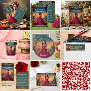  Quinceañera Red Gown Theme RSVP Kaartje