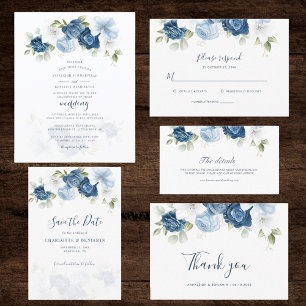 Botanische mosterd Blue Floral Greenery Script RSV RSVP Kaartje