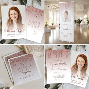 2026 Foto Roze Gouden Glitter Drip Afstuderen Bedankkaart