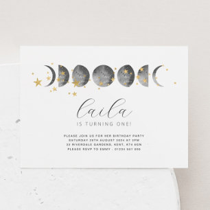 Moon Phases Gold Stars Birthday Invitation Kaart