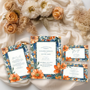 Moderne blauw-witte bloemen mediterrane Tegels Informatiekaartje