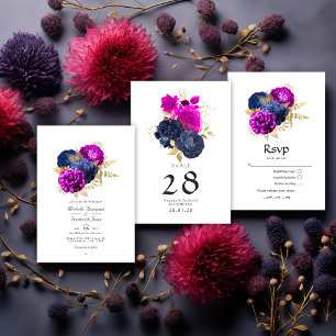Magenta Navy and Gold Floral Wedding RSVP Kaartje