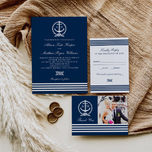 Nautical Navy Rope Knot Stripes Wedding RSVP Kaartje