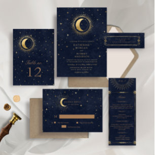 celestial midnight blue gold Wedding Dinner Menu Kaart