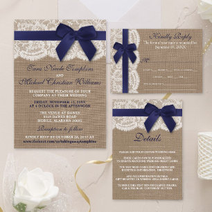 Navy Ribbon on Burlap & Lace Wedding Kaart