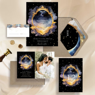 Mystieke hemelse blauw goud bruiloft uitnodiging