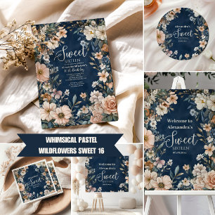 Navy Blue Pastel Wildflowers Sweet 16 Spandoek