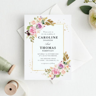 Lavendel paarse en blozen bloemenbruiloft kaart