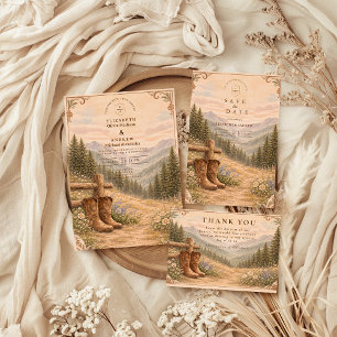 Mountain Forest Cowboy Boots Bruiloft Save The Date