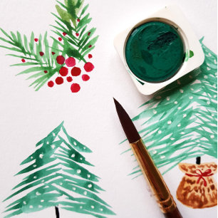 Hand geschilderd Waterverf dennenkrans en rode bes Feestdagenkaart