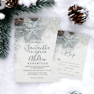 Winter wonderland zilversneeuwtypografie bruiloft drieluik uitnodiging